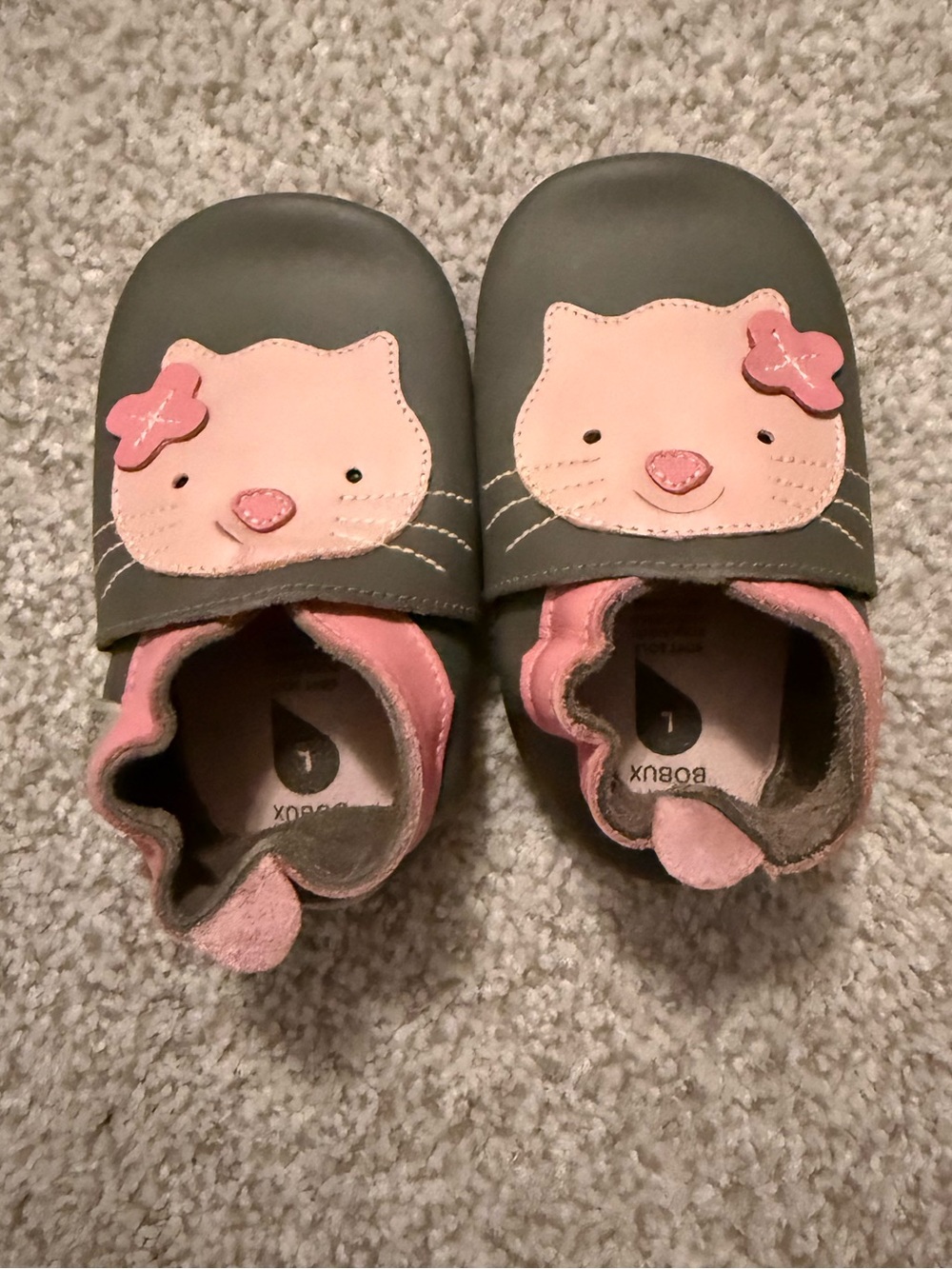 Bobux grey and Pink Cat Soft Leather Slip-On Baby Shoes